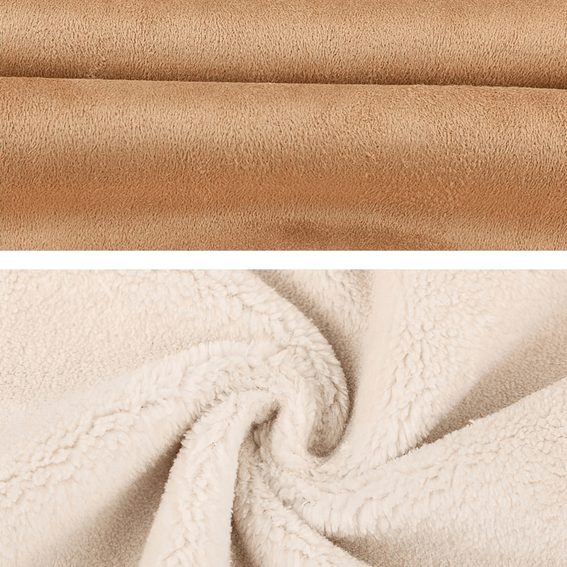 Close-up of warm cashmere fabric in beige and soft fleece material, showcasing texture and style for jackets.