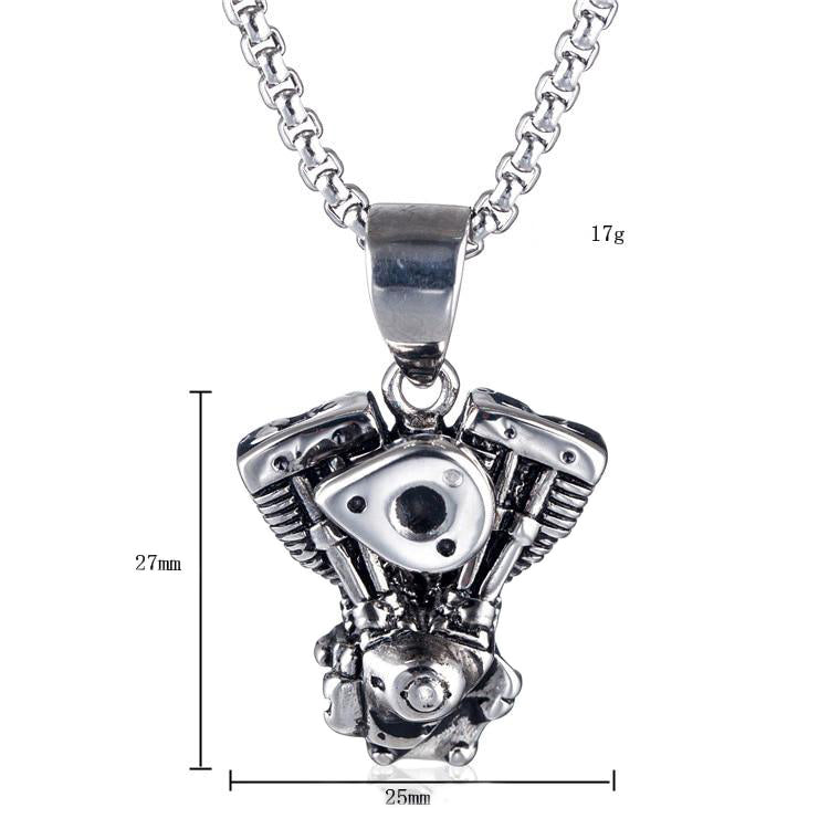 Vintage stainless steel motorcycle engine pendant necklace for bikers, showcasing detailed craftsmanship and shine.