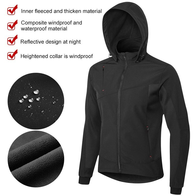 Men's motorcycle fleeced jacket with hood, windproof, waterproof, reflective design, perfect for sportbike riders.
