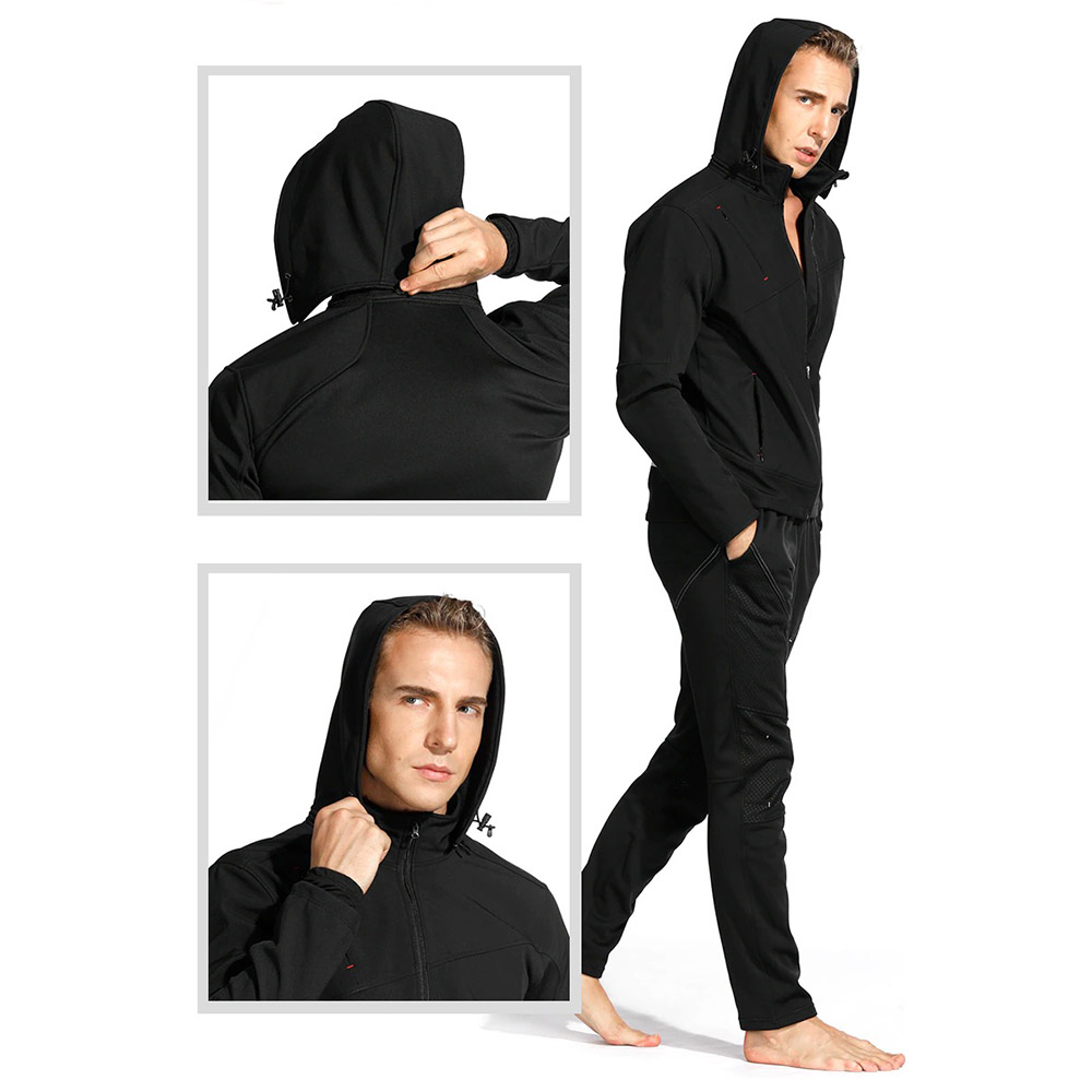 Man wearing a black motorcycle fleeced jacket with hood, showcasing windproof clothing for sportbike riders.