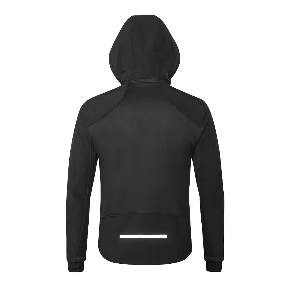 Back view of a windproof motorcycle fleeced jacket with hood, sleek design in black with reflective detailing.