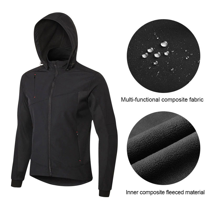 Men's motorcycle fleeced jacket with hood, showcasing windproof fabric and inner fleece details.