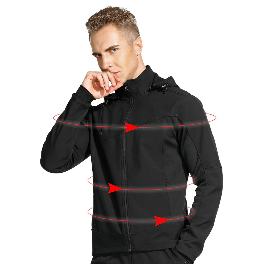 A model showcases a men's windproof motorcycle fleeced jacket with hood in black, ideal for sportbike enthusiasts.