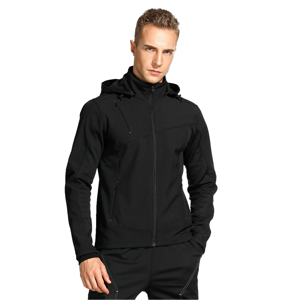 Stylish black motorcycle fleeced jacket with hood, perfect for sportbikers and windproof outdoor adventures.