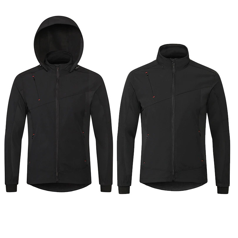 Black motorcycle fleeced jacket with hood, windproof and waterproof for sportbike enthusiasts.