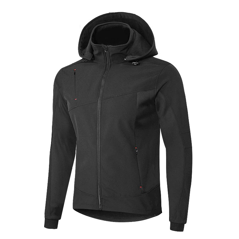 Black windproof motorcycle fleeced jacket with hood, perfect for sportbike riders, stylish and functional outerwear.