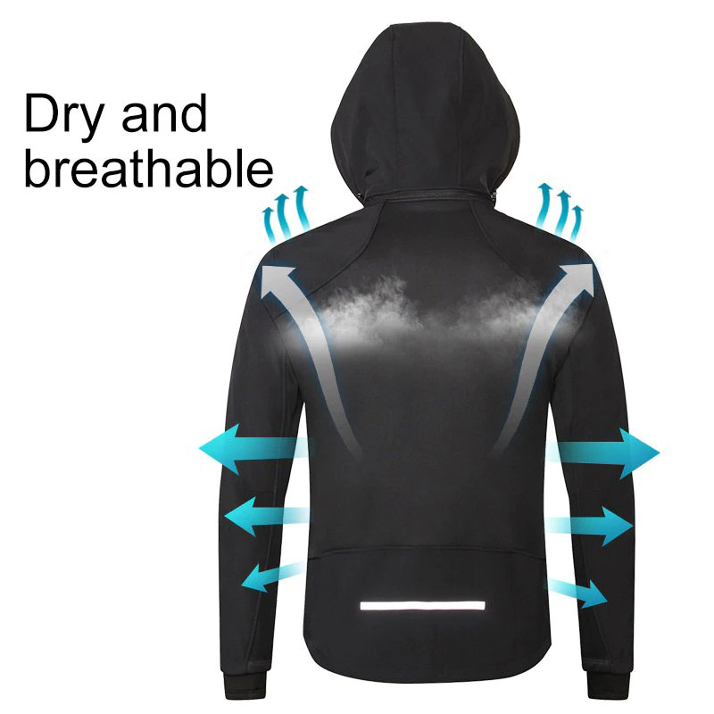 Men's black motorcycle fleece jacket with hood, featuring dry and breathable design for sporty windproof comfort.