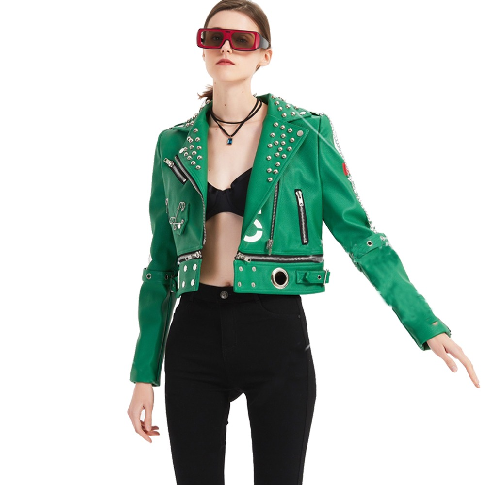 Motorcycle Leather Jacket with Rivets / Punk Style Jacket for Women / Short Slim Green Jacket - HARD'N'HEAVY
