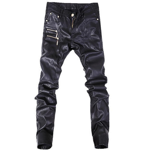 Pantalon Moto Cuir Homme / Jean Skinny Noir Style Rock 