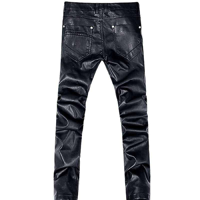 Back view of sleek black motorcycle leather pants for men, perfect for rock-style outfits and concerts.