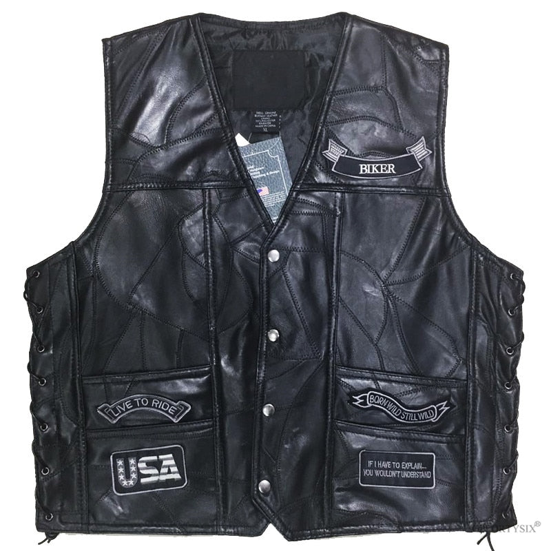 Men's black leather biker vest with patches, sleeveless design, perfect for punk rock alternative fashion.