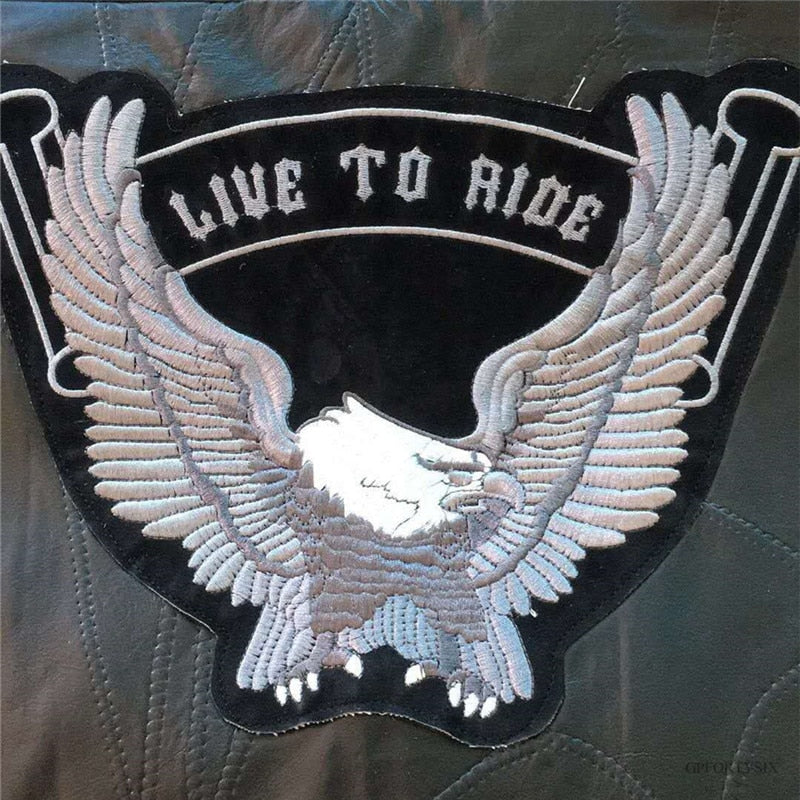 Patch featuring an eagle and 'Live to Ride' text, perfect for motorcycle leather vests and punk rock fashion.
