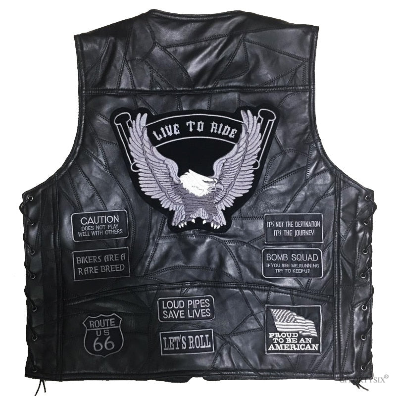 Men's black leather vest with patches and embroidery, featuring 'Live to Ride' and punk rock style details.