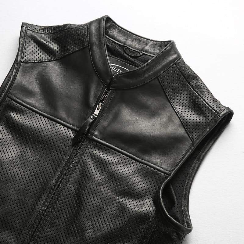 Breathable black biker vest made of mesh and genuine cowhide, featuring pockets and a stylish gothic design.