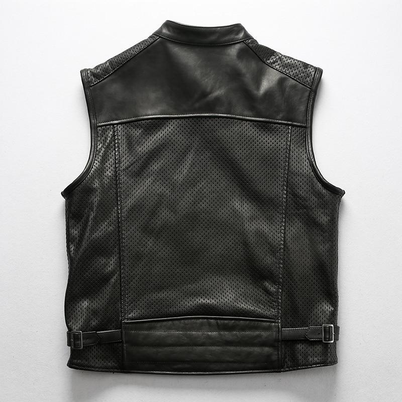 Back view of a breathable mesh biker vest made from genuine cowhide, perfect for rave outfits and alternative fashion.