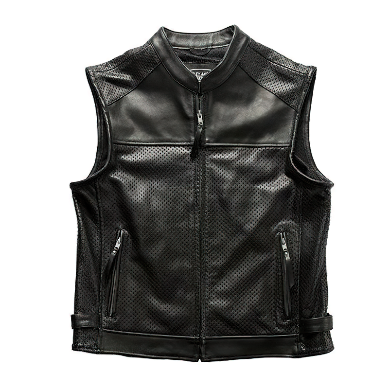 Biker Vest / Mesh Breathable Cowhide Rave Outfits / Alternative Fashion Perforated Genuine Leather - HARD'N'HEAVY