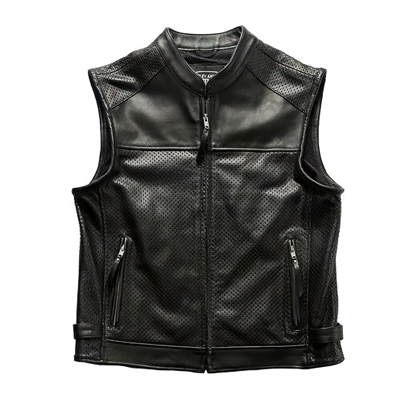 Black mesh biker vest made of genuine cow leather with zippers and pockets for an edgy rock look.