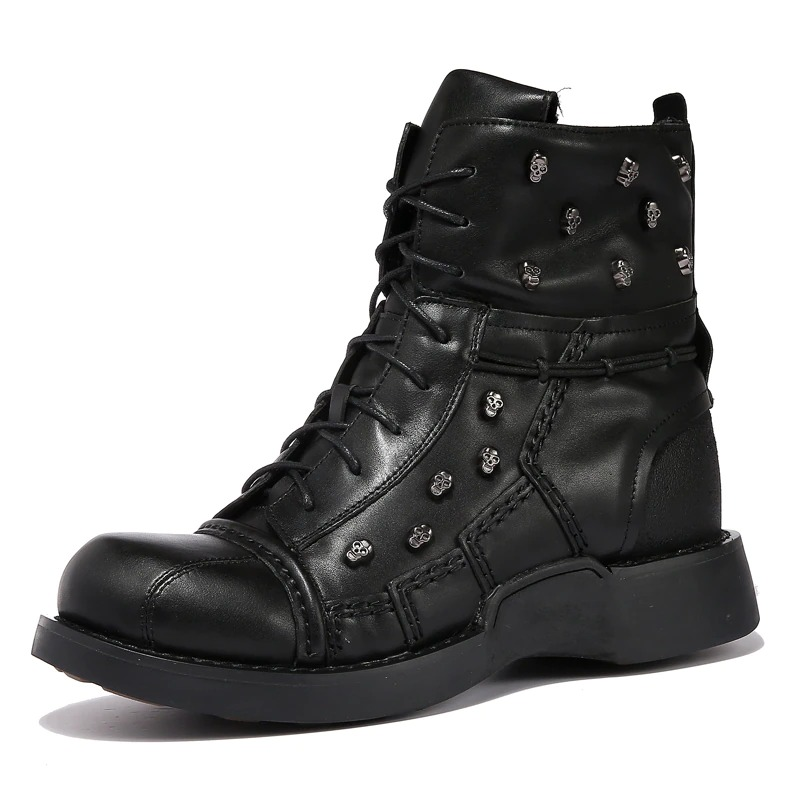 Men's black genuine leather motorcycle boots with silver skull rivets for a stylish combat look.