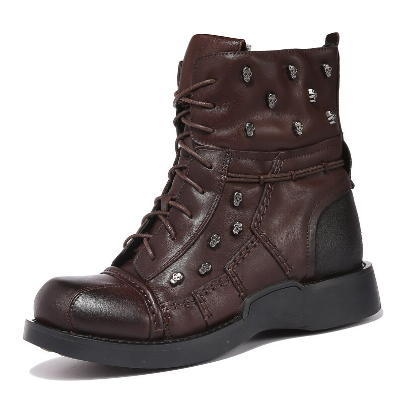 Men's genuine leather motorcycle boots featuring silver skull rivets in a casual military combat design.
