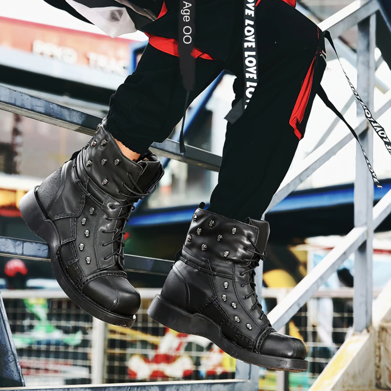 Men's gothic leather combat boots with silver rivets, perfect for casual motorcycle style and urban fashion.