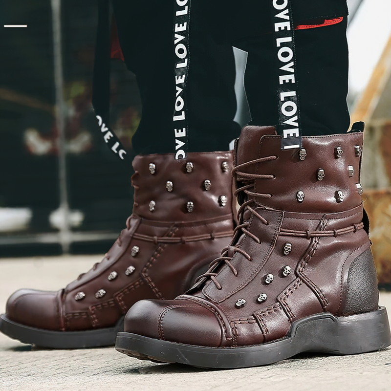 Men's genuine leather motorcycle boots with gothic skulls and silver rivets, perfect for a stylish, casual look.