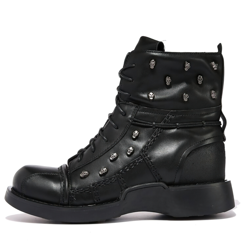 Men's black leather motorcycle boots with gothic skulls and silver rivets, perfect for stylish casual wear.