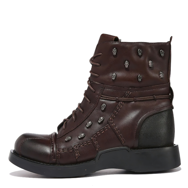Brown men's leather motorcycle boots with gothic skulls and silver rivets, perfect for a stylish casual look.
