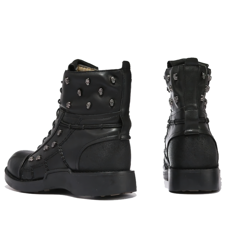 Men's black genuine leather motorcycle boots with silver skull decorations and modern design.