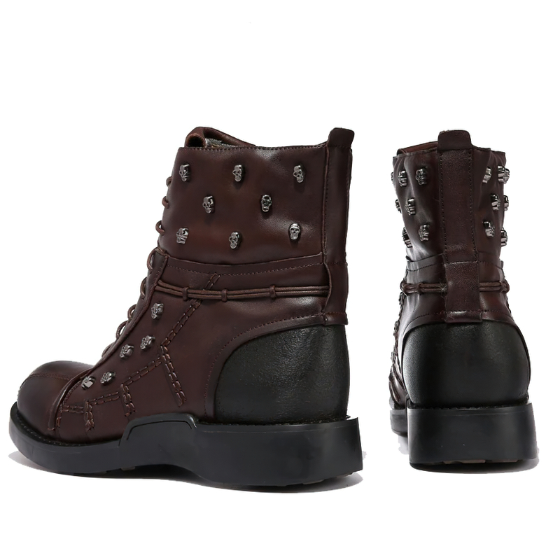 Men's genuine leather motorcycle boots with gothic skull decorations, perfect for a stylish casual look.
