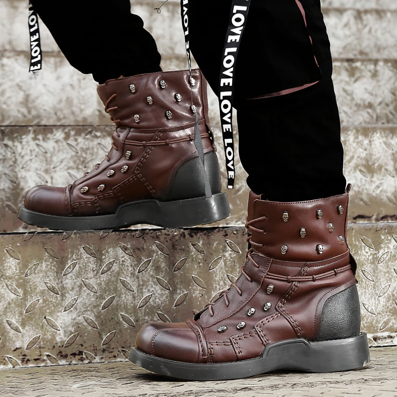 Men's genuine leather combat boots with gothic skulls, stylishly worn while ascending steps.