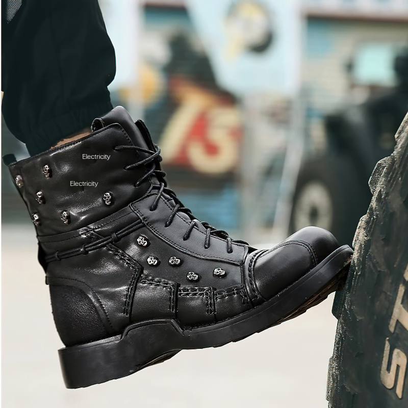 Motorcycle Men's Genuine Leather Boots / Military Combat Boots with Gothic Skulls - HARD'N'HEAVY