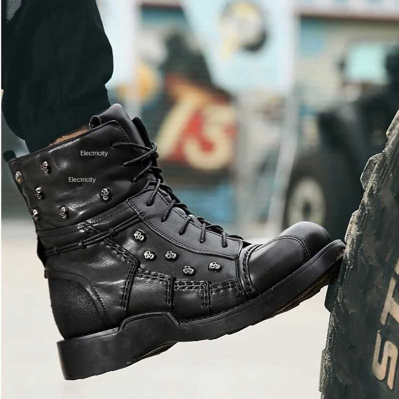 Men's black motorcycle combat boots with gothic skulls and silver rivets, perfect for casual riding style.