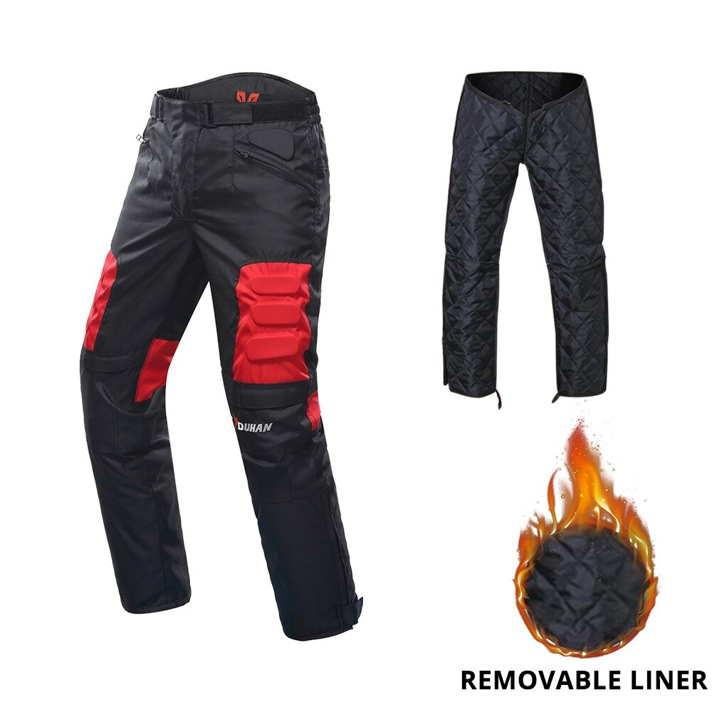 Men's motorcycle protective gear trousers with removable liner, designed for comfort and safety in black and red.
