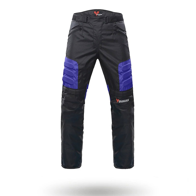 Men's motorcycle hip protector pants in black and blue, stylish and durable protective gear for riders.