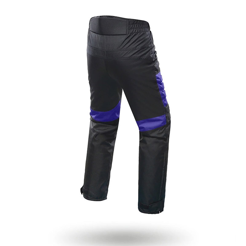 Men's motorcycle-style hip protector pants in black with purple accents, designed for comfort and safety.