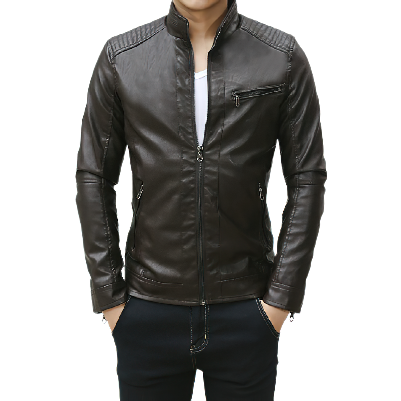 Stylish men's PU leather motorcycle jacket with stand collar, perfect for spring rides and casual outings.