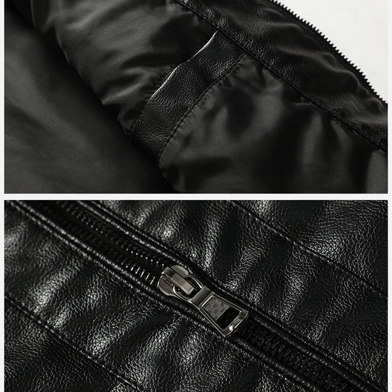 Close-up of Motorcycle PU Leather Jacket's interior and zipper detail for men's casual biker wear.