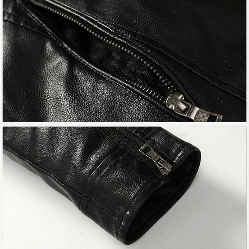 Close-up of zippers on a black PU leather motorcycle jacket for men, showcasing stylish biker design.