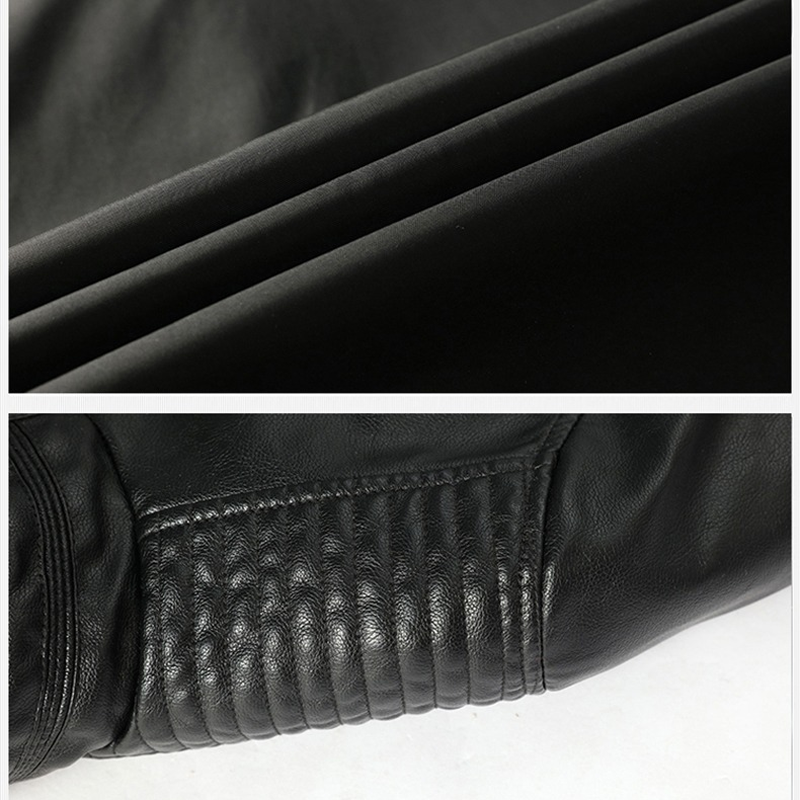 Close-up of Motorcycle PU Leather Jacket fabric and textured sleeve detailing, showcasing style and quality.