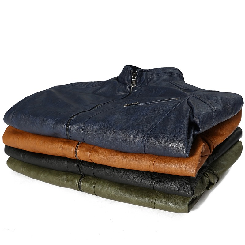 Stack of stylish motorcycle PU leather jackets for men in navy, brown, and green colors.