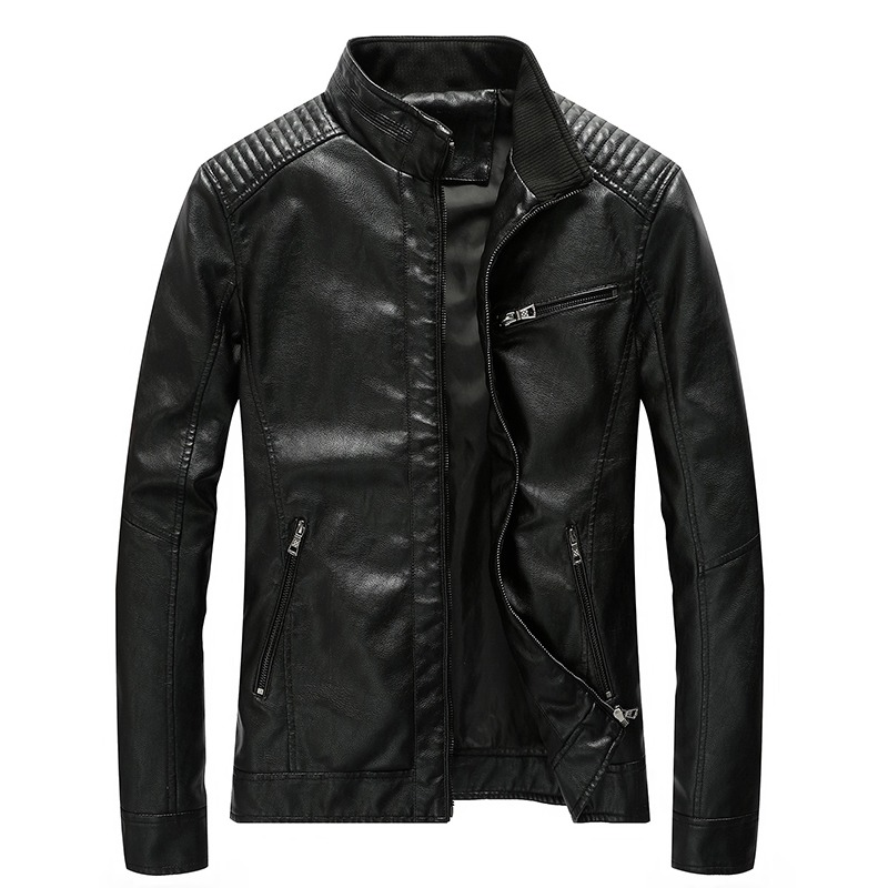 Men's black motorcycle PU leather jacket with stand collar and stylish zippers, perfect for biker outings.