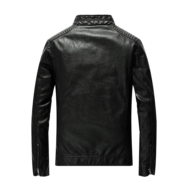 Back view of a sleek black PU leather motorcycle jacket for men with a stand collar and zippers.