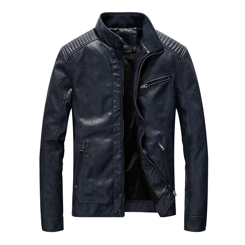 Men's Motorcycle PU Leather Jacket in navy, stylish biker design with stand collar and zippers for a comfortable fit.