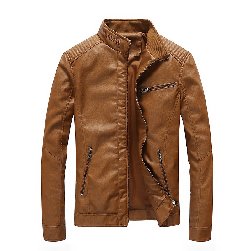 Men's brown PU leather motorcycle jacket with stand collar and zippered pockets, perfect for a stylish ride.