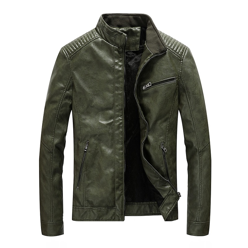 Men's PU leather motorcycle jacket in olive green, stylish biker design with zippered pockets and stand collar.