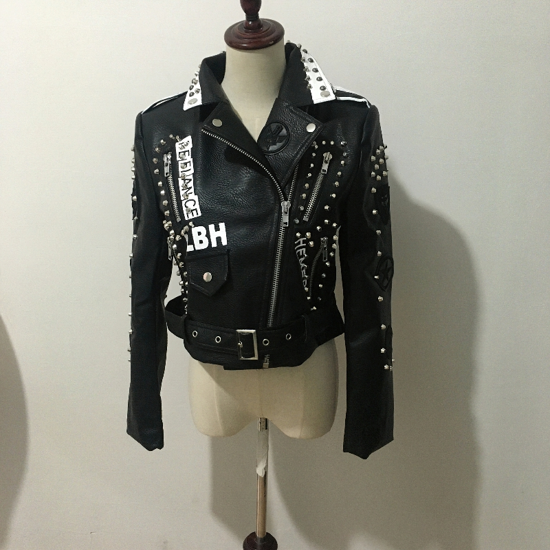 Motorcycle PU Leather Jacket in Punk Rock Style / Women's Black Short Jackets with Rivets - HARD'N'HEAVY