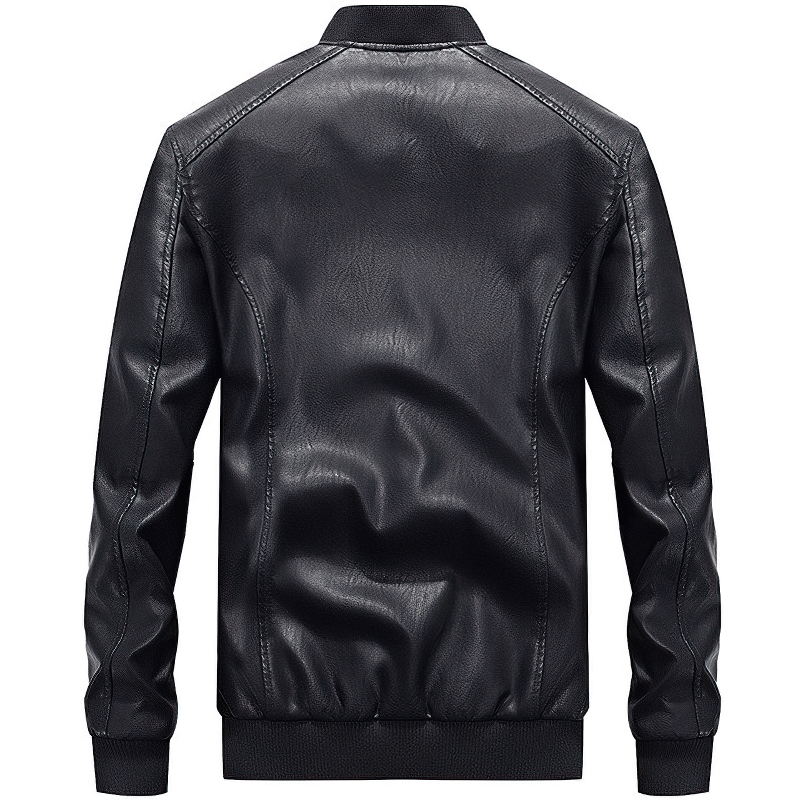 Back view of a sleek black PU leather bomber jacket for men, featuring stylish fleece lining and ribbed cuffs.