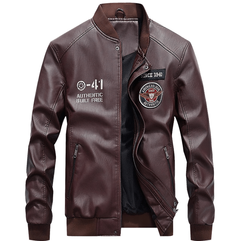 Brown motorcycle PU leather jacket with fleece lining, zipper pockets, and rock style emblems for a trendy casual look.