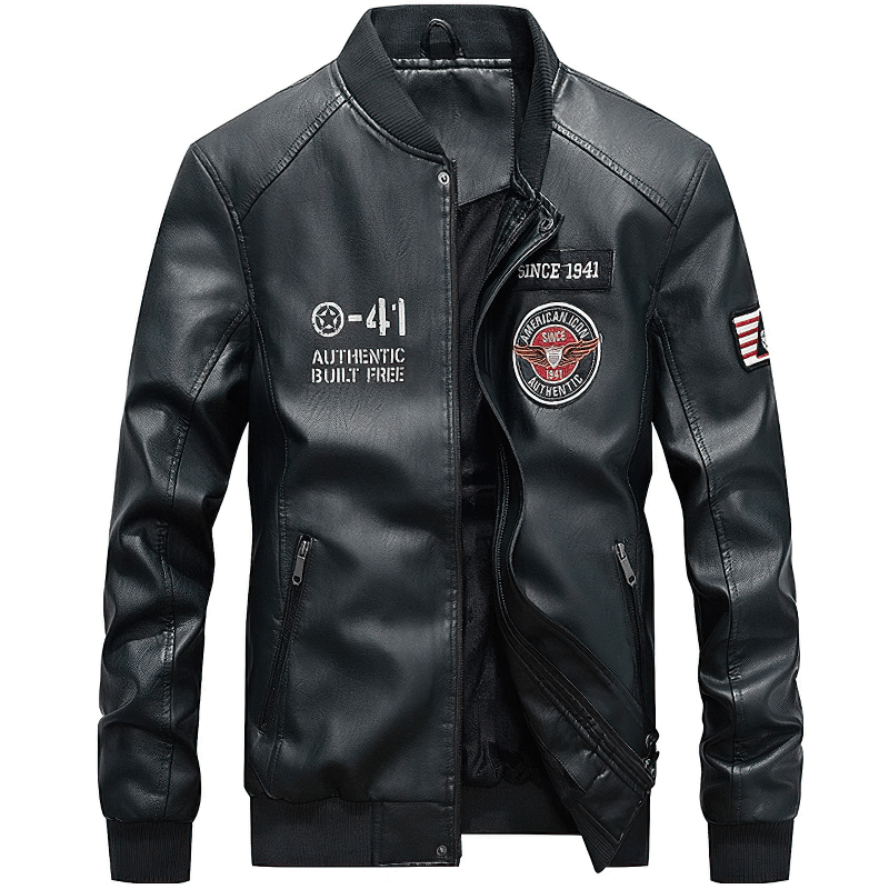 Men's black motorcycle leather jacket with patches and zippers, casual bomber style for a rock-inspired look.