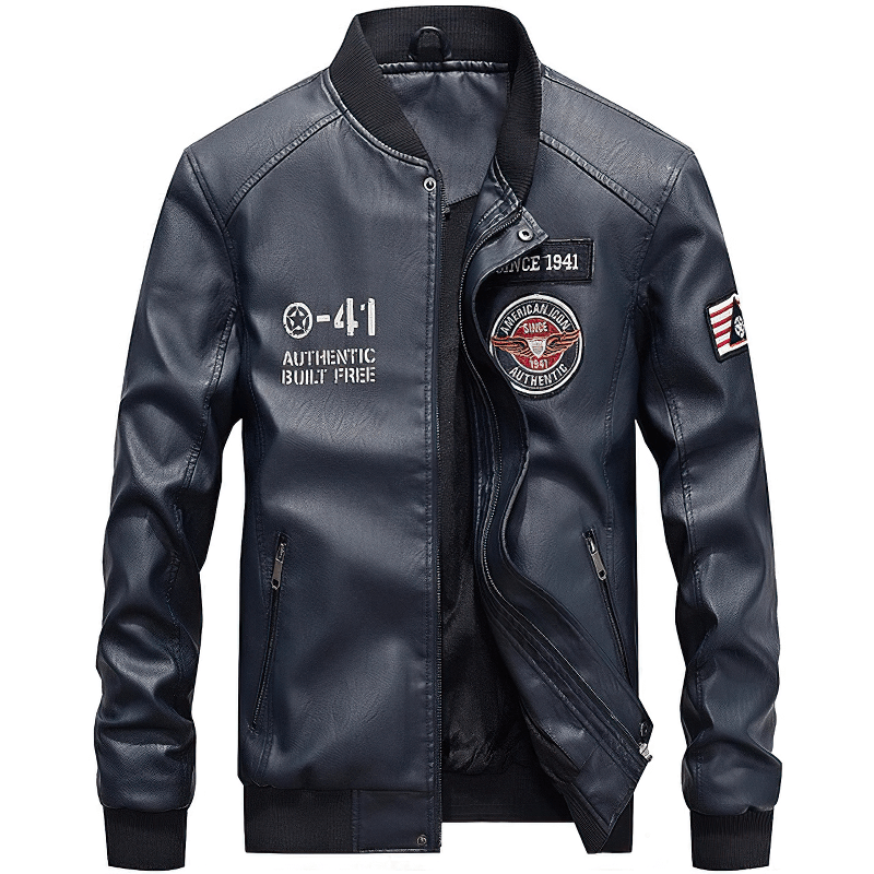 Men's casual motorcycle faux leather jacket with fleece lining and stylish patches, perfect for rock-inspired outfits.